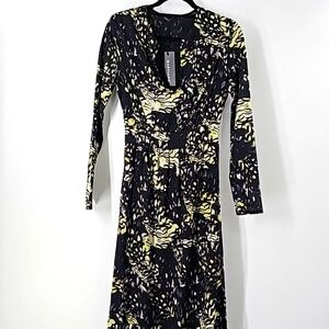 Marciano Black w Green Dark Forest Floral Deep Whimsigoth Vneck Maxi Dress